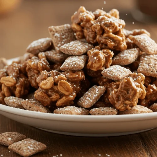 Muddy Buddies mixed with chocolate, peanut butter, and additional crunchy ingredients in a white bowl on a wooden table.