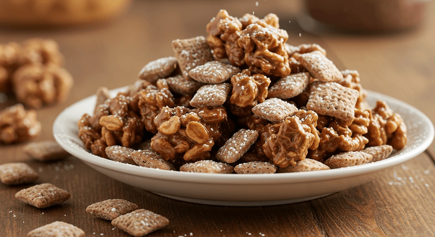 Muddy Buddies mixed with chocolate, peanut butter, and additional crunchy ingredients in a white bowl on a wooden table.