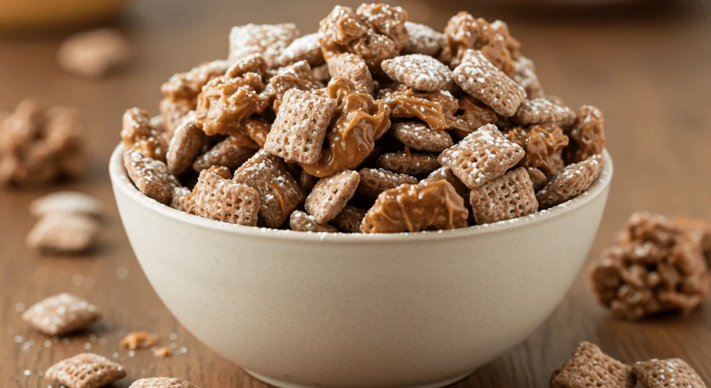 A beige bowl filled with classic Muddy Buddies coated in chocolate and powdered sugar, surrounded by scattered pieces on the table.