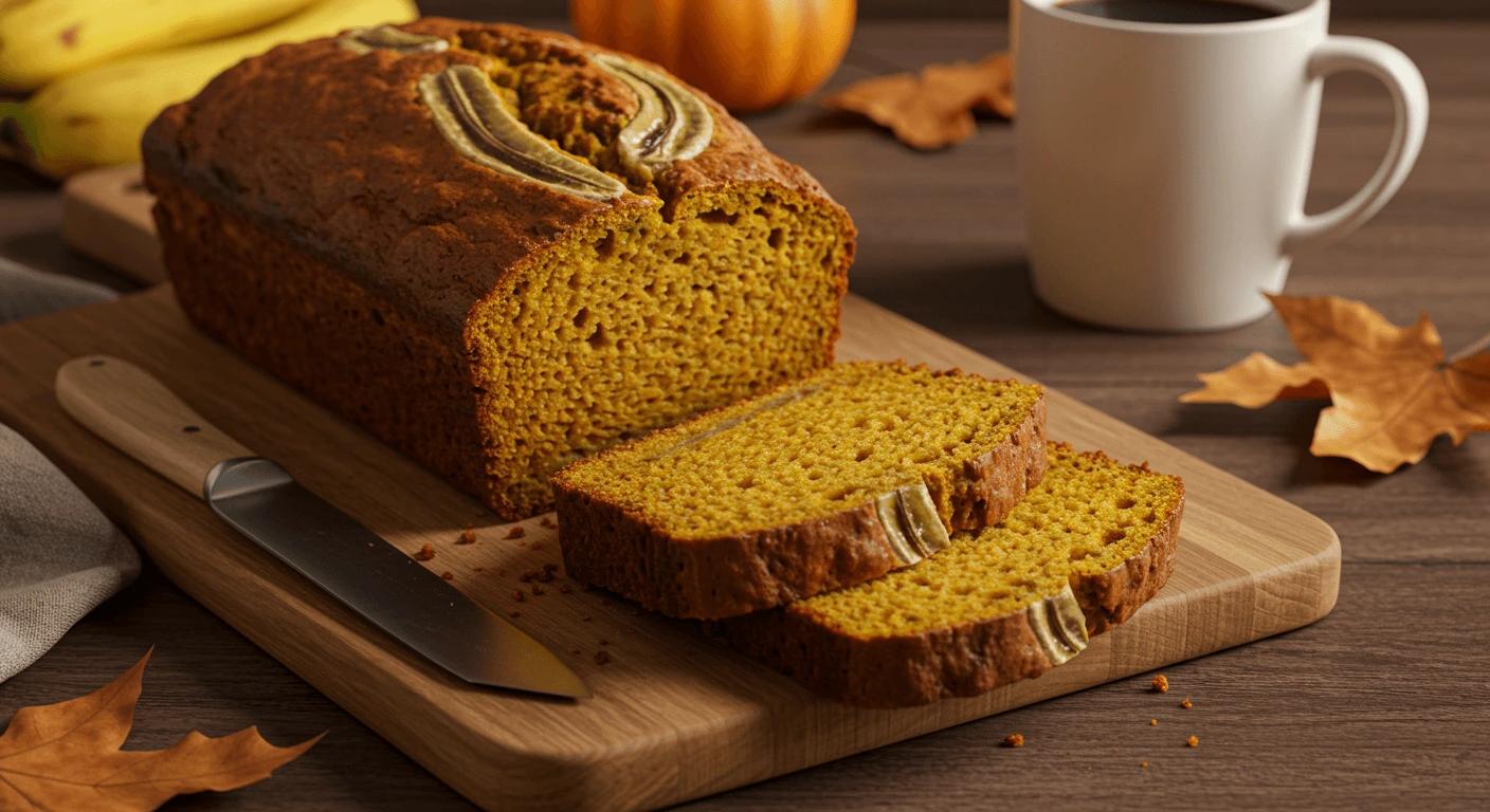 A sliced Pumpkin Banana Loaf on a wooden cutting board with a cup of coffee and fall leaves in the background.