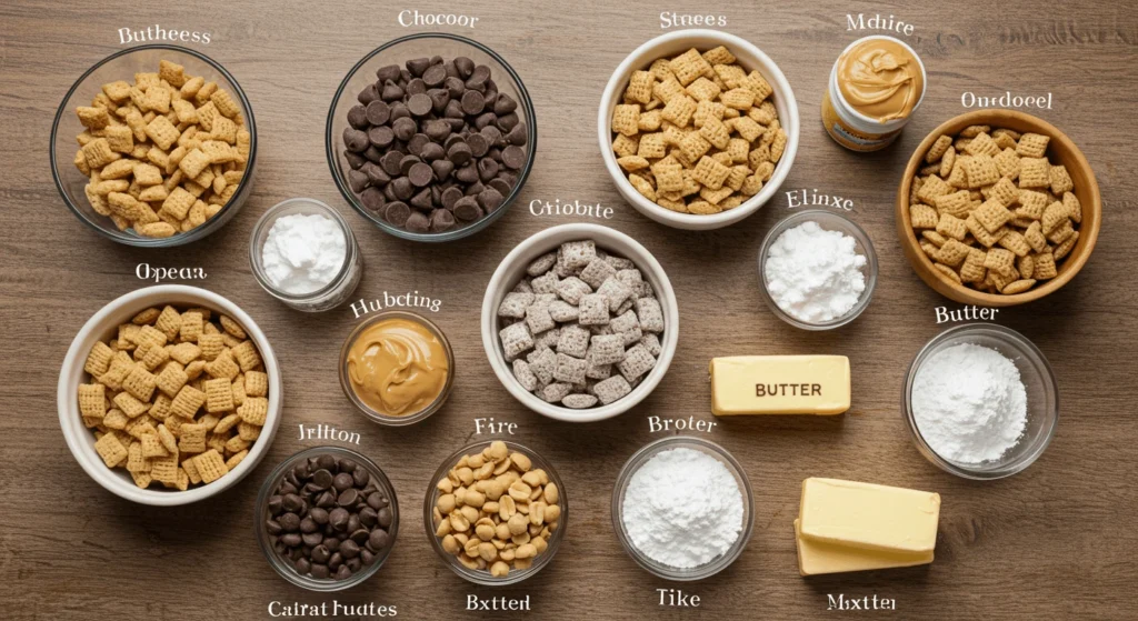 A top-down view of ingredients for making Muddy Buddies, including Chex cereal, chocolate chips, peanut butter, powdered sugar, and butter, all neatly arranged in small bowls on a wooden table.