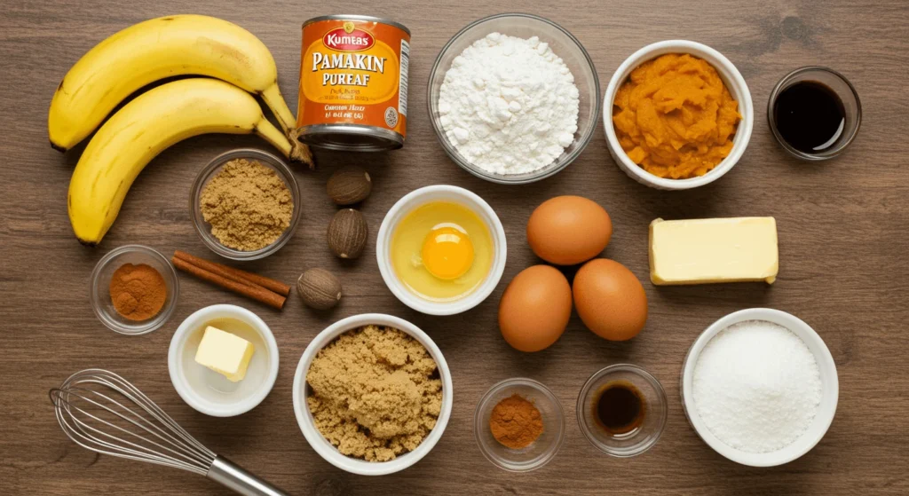 Ingredients for Pumpkin Banana Loaf including bananas, pumpkin puree, eggs, flour, spices, and butter neatly arranged on a wooden surface.