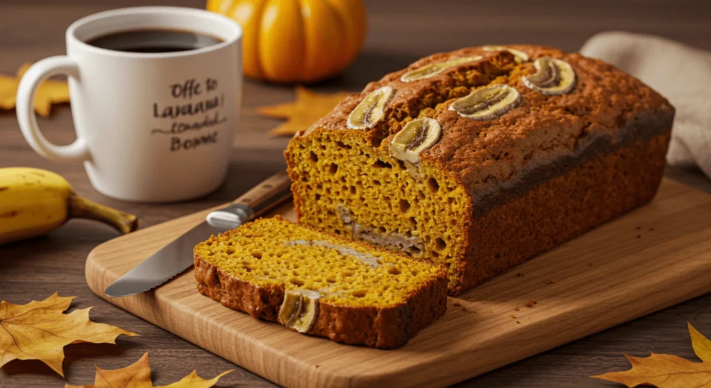 A Pumpkin Banana Loaf topped with sliced bananas on a wooden board, accompanied by a coffee mug, bananas, and autumn leaves.