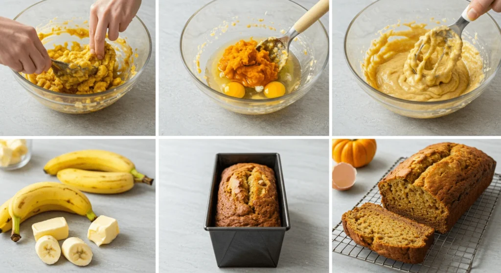 A collage showing the steps of making Pumpkin Banana Loaf, from mashing bananas to mixing the batter and baking the loaf.