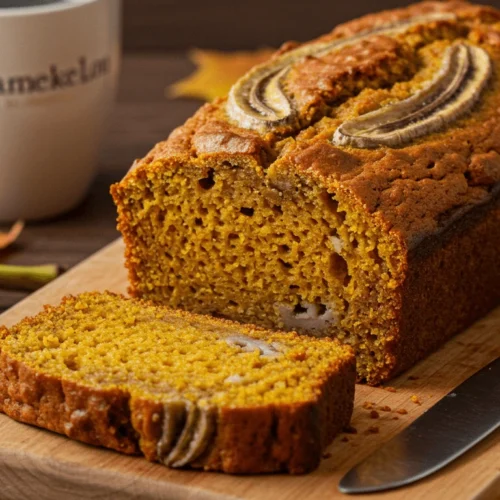 A freshly baked Pumpkin Banana Loaf with banana slices on top, placed on a wooden cutting board with a knife, surrounded by autumn decor.