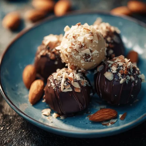 Delicious homemade Almond Joy Truffles with chocolate, coconut, and almonds