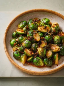 Brussels sprouts tossed in gochujang butter, garnished and ready to serve.