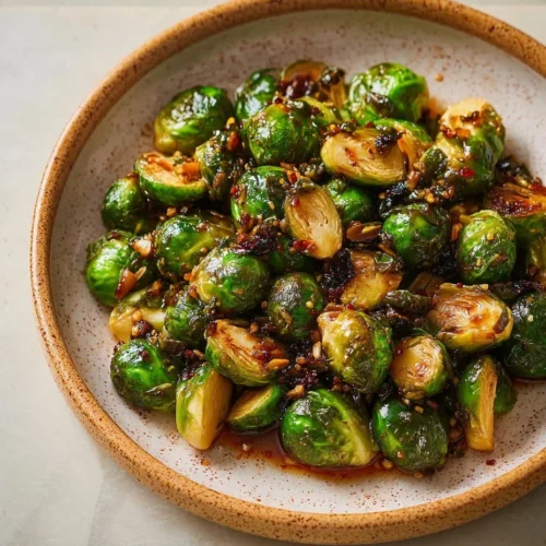 Brussels sprouts tossed in gochujang butter, garnished and ready to serve.