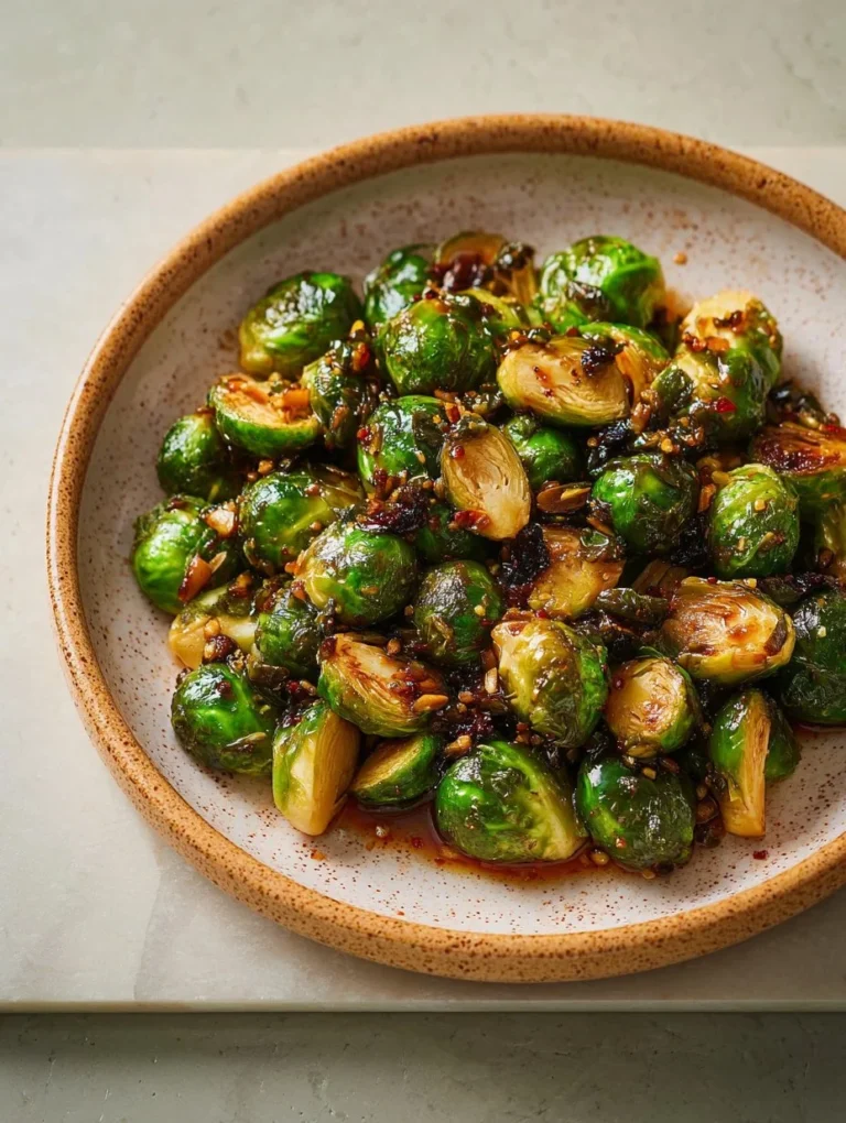 Brussels sprouts tossed in gochujang butter, garnished and ready to serve.
