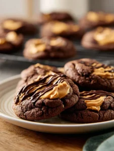 Delicious Buckeye Brownie Cookies topped with peanut butter frosting.