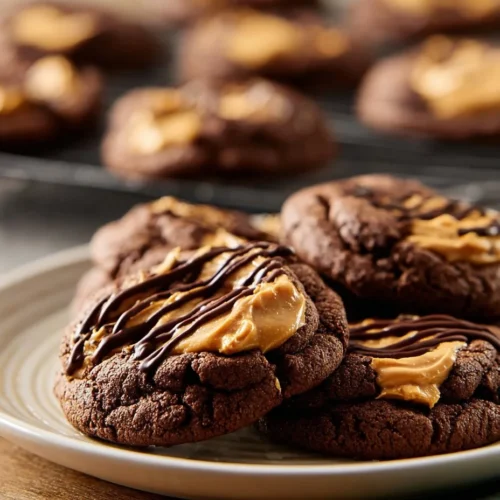 Delicious Buckeye Brownie Cookies topped with peanut butter frosting.