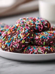 Delicious Chocolate Sprinkles Cookies with colorful sprinkles on top.