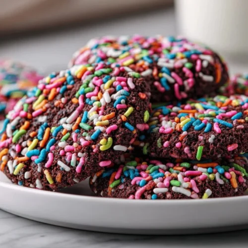 Delicious Chocolate Sprinkles Cookies with colorful sprinkles on top.