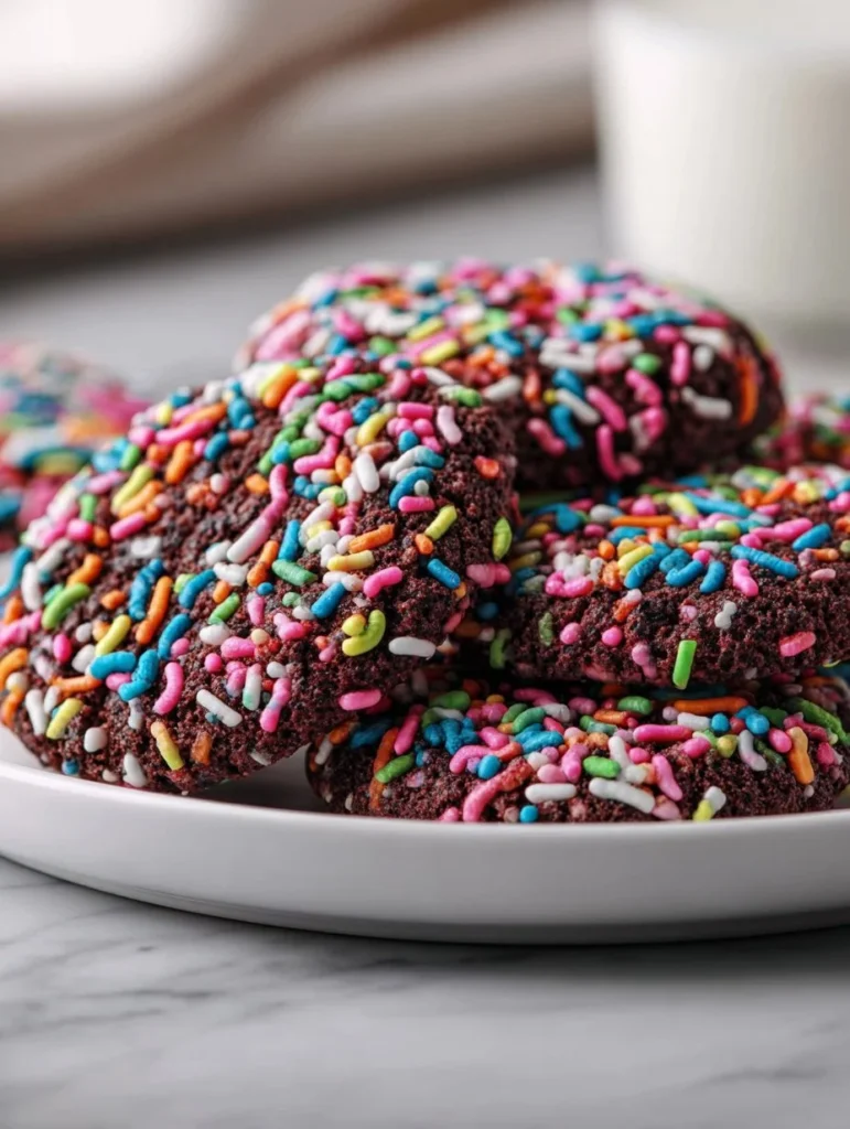 Delicious Chocolate Sprinkles Cookies with colorful sprinkles on top.