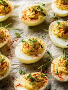 Plate of delicious deviled eggs garnished with paprika and herbs