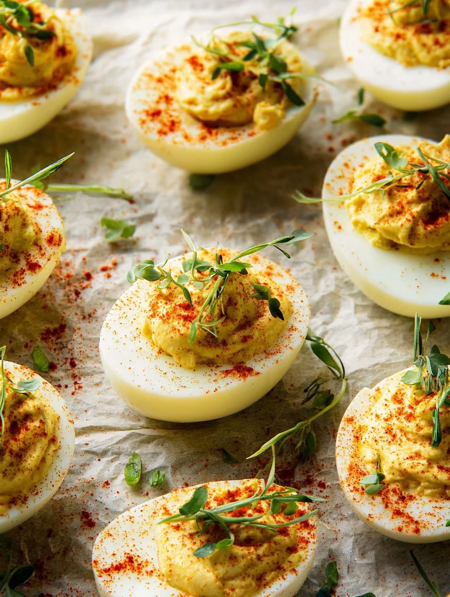 Plate of delicious deviled eggs garnished with paprika and herbs