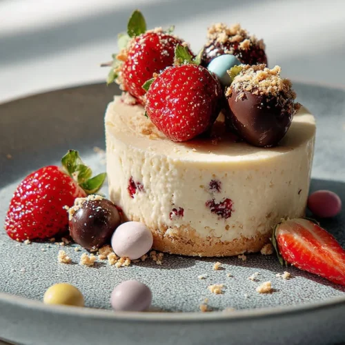 Delicious Easter Cheesecake topped with colorful spring decorations