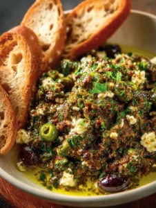 Bowl of Easy Greek Olive Tapenade made with olives and herbs