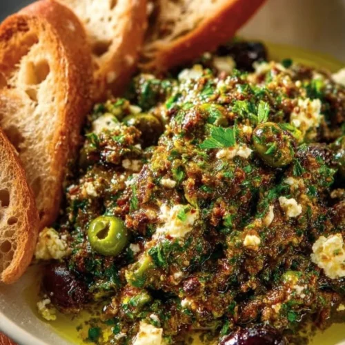 Bowl of Easy Greek Olive Tapenade made with olives and herbs