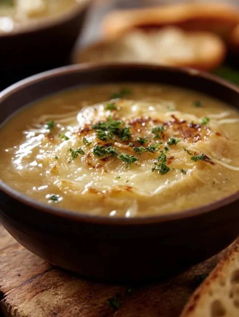 Delicious bowl of French Onion Chowder topped with melted cheese and herbs