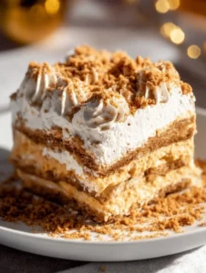 Gingersnap pumpkin icebox cake layered with creamy pumpkin filling and gingersnap cookies