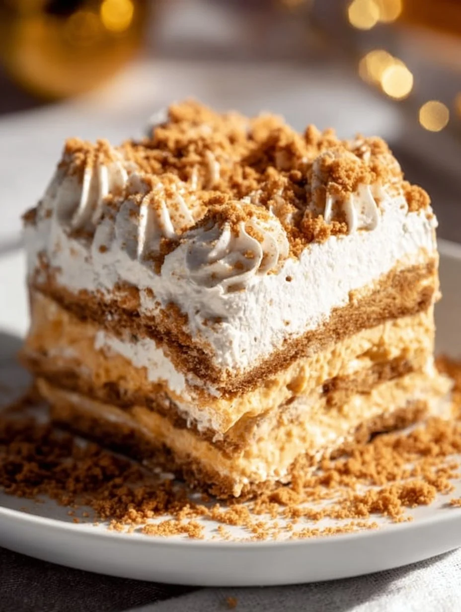 Gingersnap pumpkin icebox cake layered with creamy pumpkin filling and gingersnap cookies