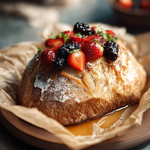 Freshly baked miracle no-knead bread on a wooden table.
