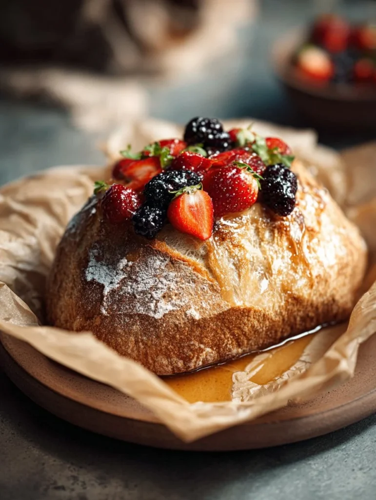 Freshly baked miracle no-knead bread on a wooden table.
