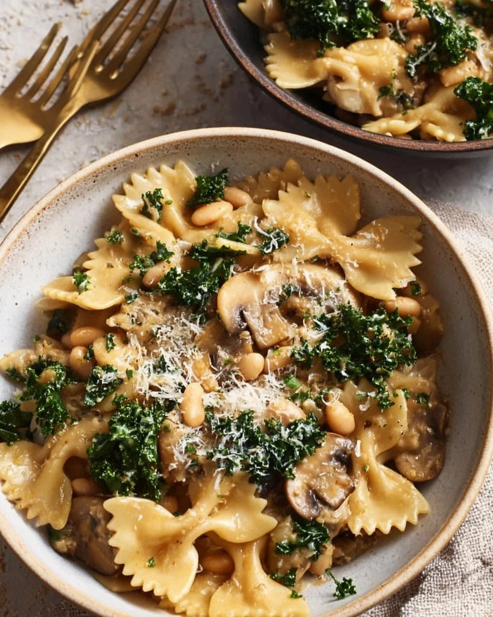 One-Pot Mushroom and White Bean Pasta dish garnished with herbs