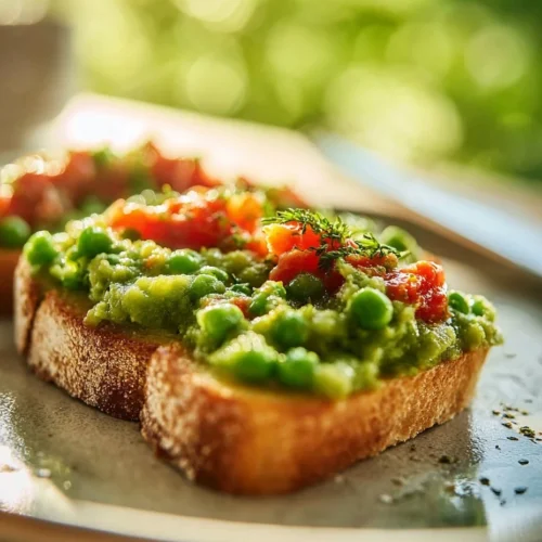 Fresh pea bruschetta topped with herbs and feta cheese on toasted bread