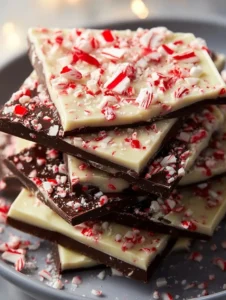 Delicious peppermint bark with chocolate and crushed peppermint pieces.