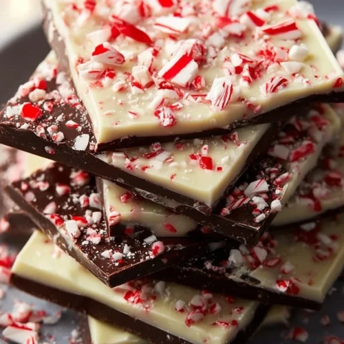 Delicious peppermint bark with chocolate and crushed peppermint pieces.