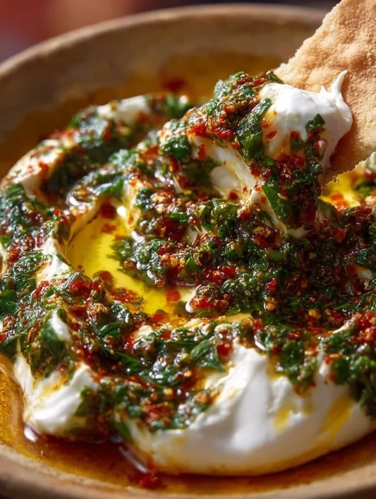 Sizzling Pickled Yogurt Dip served with fresh vegetables and pita chips