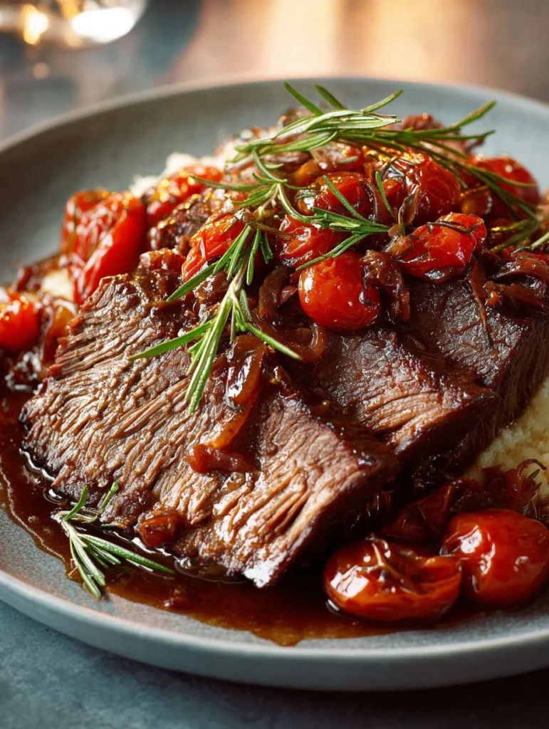 Delicious slow cooker beef brisket ready to serve with herbs and spices.