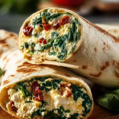 Spinach feta egg white wraps served on a plate with fresh ingredients