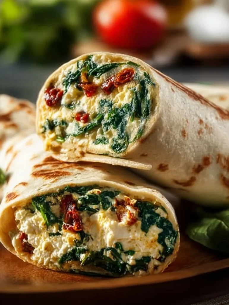 Spinach feta egg white wraps served on a plate with fresh ingredients