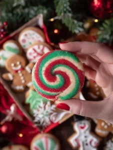 Colorful swirled Christmas cookies arranged on a festive plate