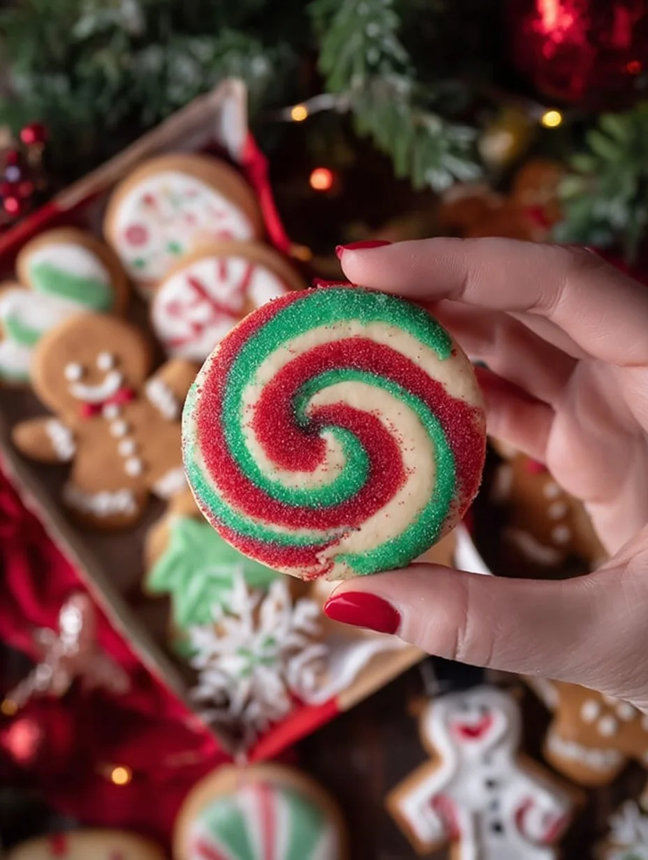 Colorful swirled Christmas cookies arranged on a festive plate