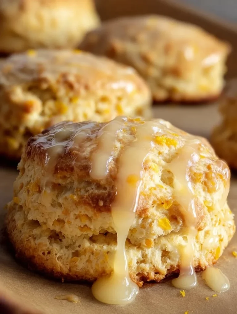 Freshly baked orange scone cookies on a wooden board.