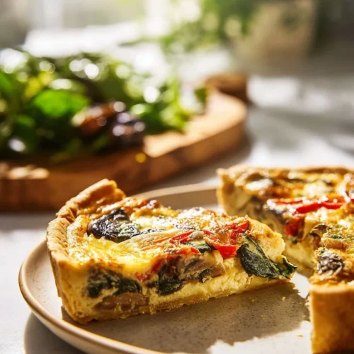 Homemade vegetable quiche with colorful vegetables in a flaky pie crust