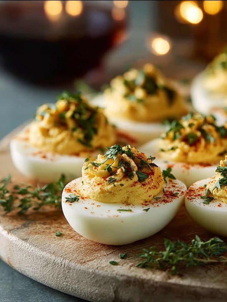 Perfectly filled deviled eggs ready to serve