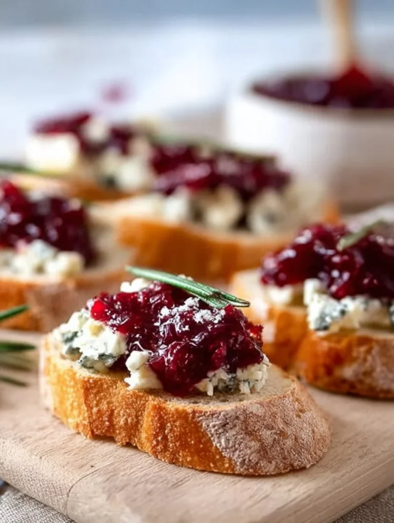 Blue cheese cranberry crostini topped with fresh herbs on a wooden serving board.