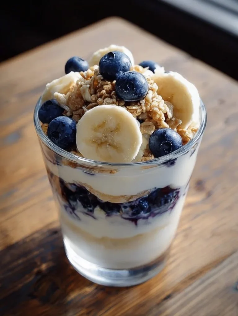 Blueberry Banana Yogurt Parfait with layers of yogurt, blueberries, and banana slices