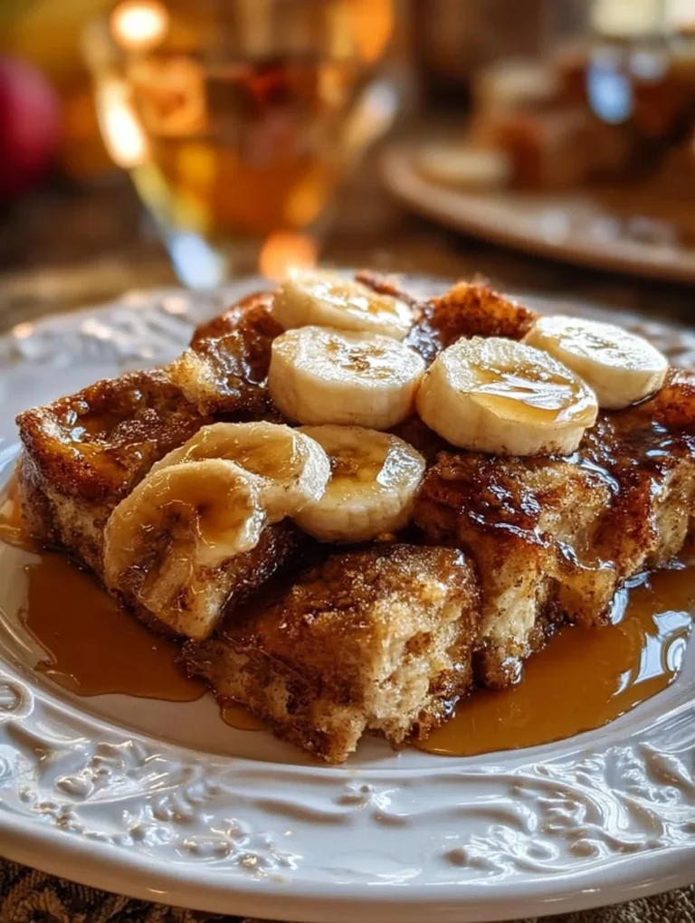 Brown Sugar Banana French Toast Casserole topped with banana slices and syrup