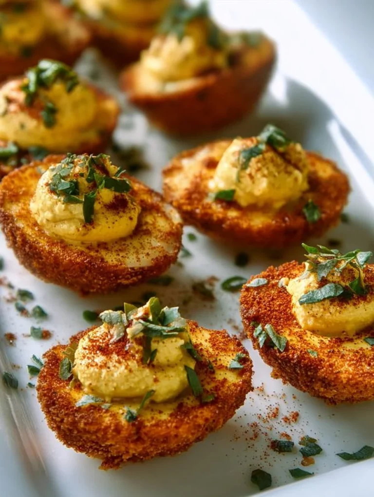 Cajun style fried deviled eggs with spices and seasonings