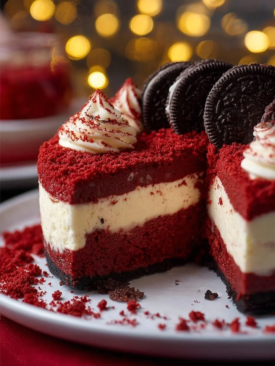 Delicious Christmas red velvet cheesecake with an Oreo crust