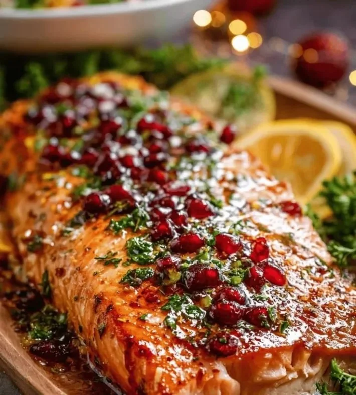 Baked Christmas Salmon garnished with herbs and lemon, ready for a festive dinner.