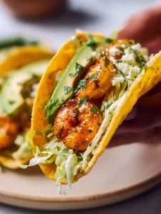 Cilantro Lime Shrimp Tacos topped with creamy slaw