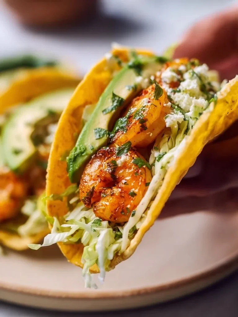 Cilantro Lime Shrimp Tacos topped with creamy slaw