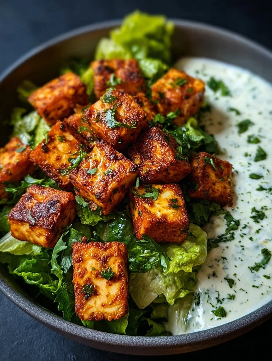 Crispy Buffalo Tofu served with a side of creamy Caesar salad on a plate